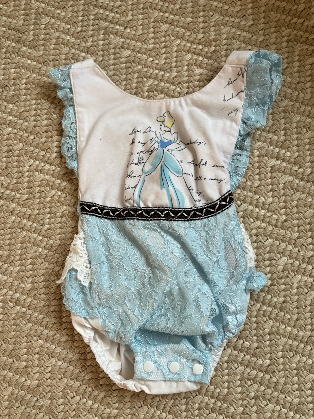 Baby Girls Light Blue Lace One-Piece Romper with Princess Print